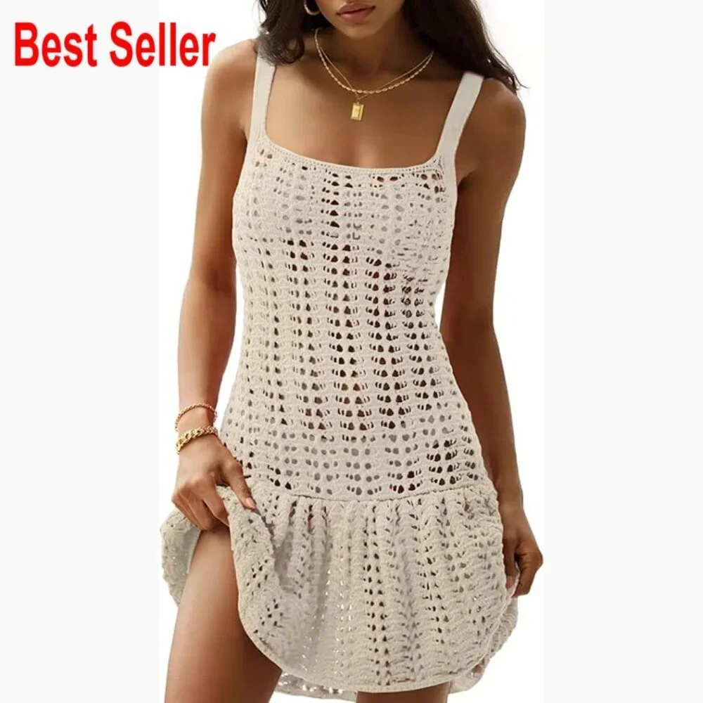 Crochet Hollow Out Swimsuit Cover Up Beach Dress Sleeveless